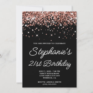 Convite Aniversário de 21 anos em Rose Gold Glitter Preto