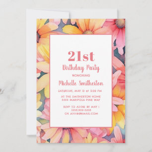 Convite Aniversário de 21 anos Floral Aguarela Rosa Amarel