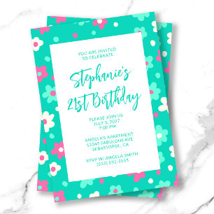 Convite Aniversário de 21 anos Floral Azul Cute Retro