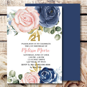 Convite aniversário de 21 anos floral cor-de-rosa azul-mar