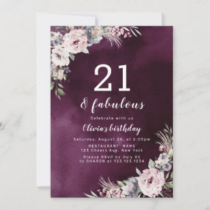 Convite aniversário de 21 anos floral de ameixa roxa e co