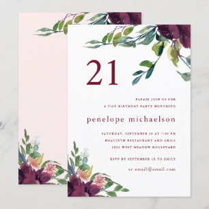 Convite aniversário de 21 anos Floral de Belo Watercolor