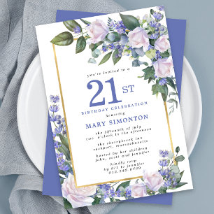 Convite Aniversário de 21 anos Floral Dourado Branco Azul