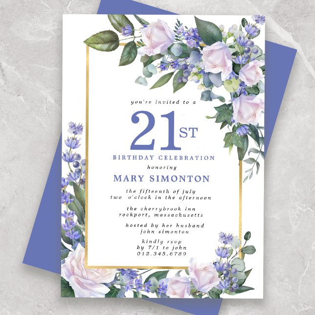 Convite Aniversário de 21 anos Floral Dourado Branco Azul (Criador carregado)