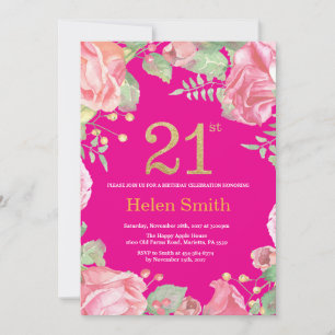 Convite Aniversário de 21 anos Floral Dourado Brilhante e