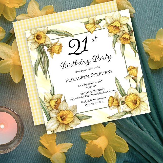Convite Aniversário de 21 anos Floral Elegante Amarelo (Elegant Yellow Daffodils Floral 21st Birthday Party Invitation -- Print | Download)