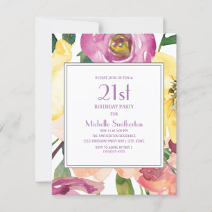 Convite Aniversário de 21 anos floral em aquarela roxo ama