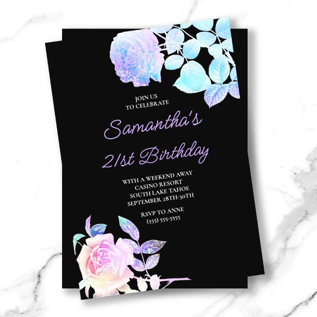 Convite Aniversário de 21 anos Floral Preto e Iridescente (Black and Iridescent Floral 21st Birthday Invitation)