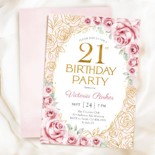 Convite Aniversário de 21 anos floral rosa bege dourado fe
