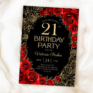 Convite Aniversário de 21 anos Floral Vermelho Preto Doura
