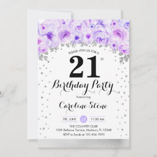 Convite aniversário de 21 anos - Flores Roxas Prateadas