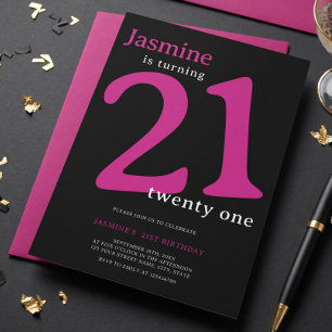 Convite Aniversário de 21 anos Glam Hot Pink Black