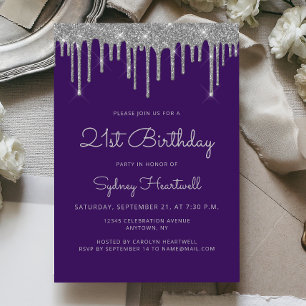Convite Aniversário de 21 anos Glam Purple com Brilho Prat