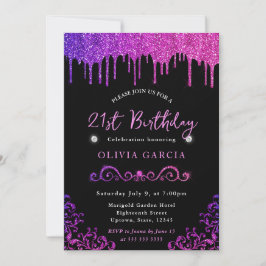 Convite Aniversário de 21 anos Glam Purple e Pink Glitter