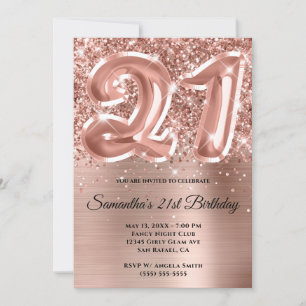 Convite Aniversário de 21 anos Glam Sparkly Glittery Rose