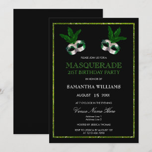 Convite Aniversário de 21 anos Glitzy Green Glitters Masqu