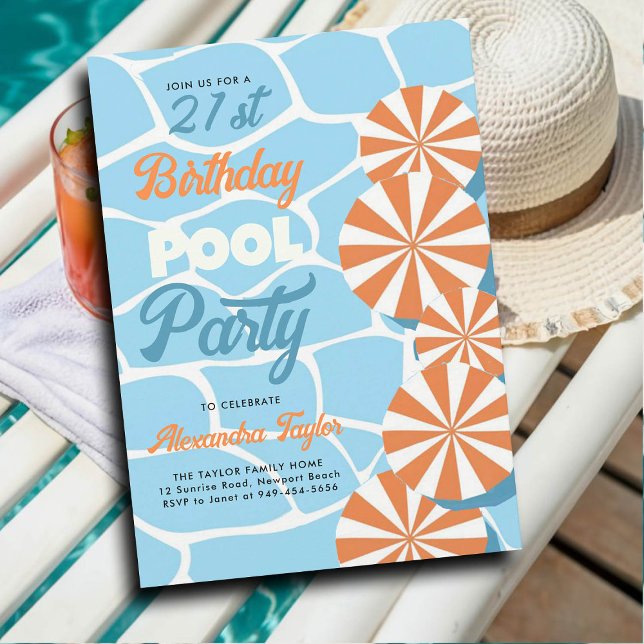 Convite aniversário de 21 anos Ideias de Verão Piscinas Gu (21st birthday ideas pool birthday party theme summer backyard personalized invitations aqua orange)