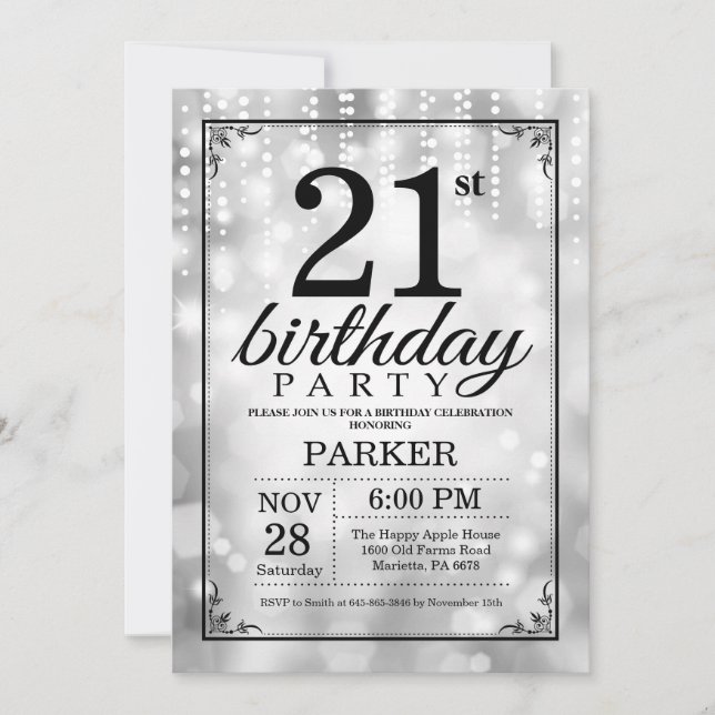 Convite aniversário de 21 anos Invitation Silver Glitter (Frente)
