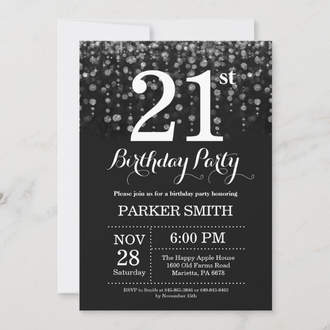 Convite aniversário de 21 anos Invitation Silver Glitter (Frente)