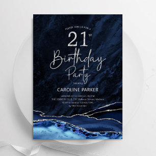 Convite Aniversário de 21 anos Marinho Azul de Prata Agate