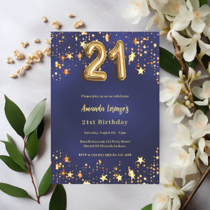 Convite aniversário de 21 anos marinho estrelas douradas a
