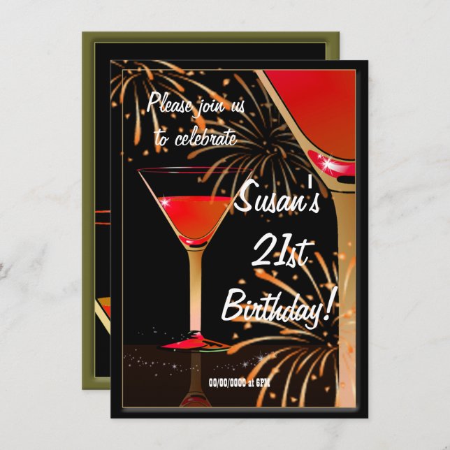 Convite aniversário de 21 anos Martini Cocktail (Frente/Verso)