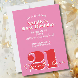 Convite Aniversário de 21 anos Minimalista Rosa Moderno
