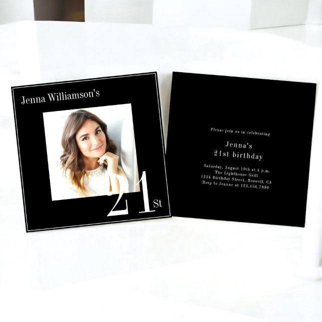 Convite Aniversário de 21 anos mínimo de fotos em preto e  (modern simple minimalistic 21st birthday invitation , fully editable and downloadable)