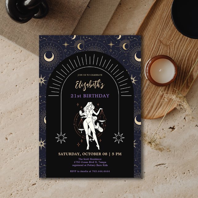 Convite Aniversário de 21 anos Mística Negra Libra Zodiac (Black Mystic Libra Zodiac 21st Birthday Invitation)