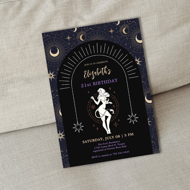 Convite Aniversário de 21 anos Místico Negro Leo Zodiac (Black Mystic Leo Zodiac 21st Birthday Invitation)