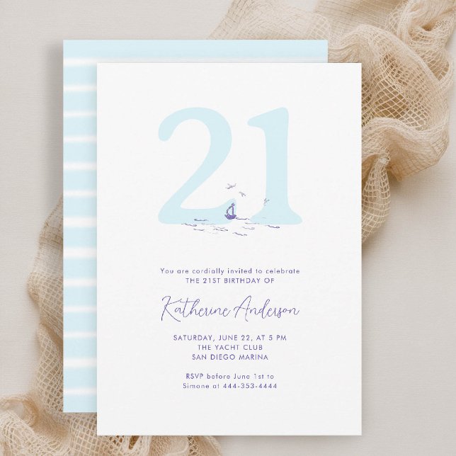 Convite Aniversário de 21 anos moderno das aves costeiras  (21st birthday invitation coastal nautical boat birds yacht beach waterfront ocean marina modern)