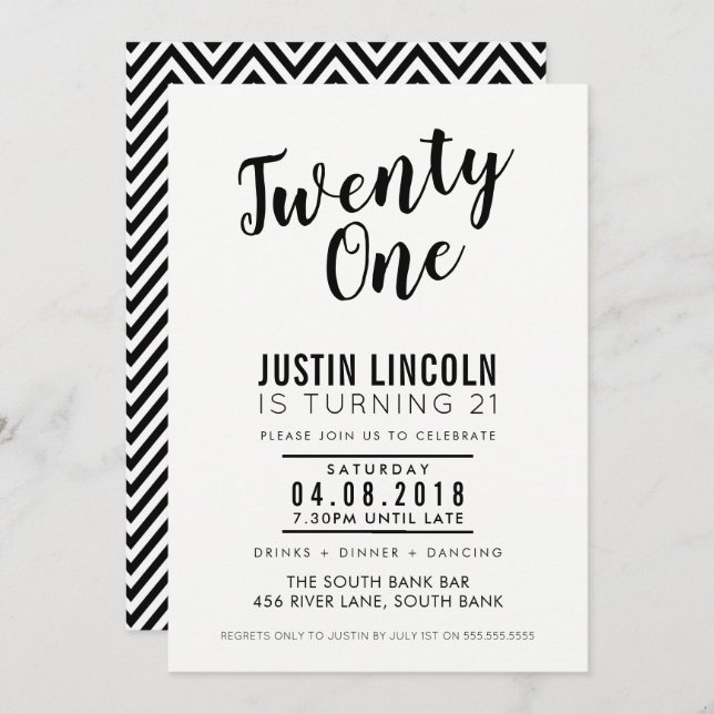 Convite ANIVERSÁRIO DE 21 ANOS MODERNO INVITE preto comum (Frente/Verso)