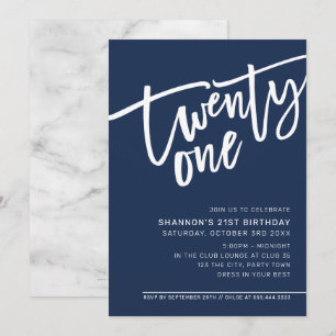 Convite ANIVERSÁRIO DE 21 ANOS MODERNO SCRIPT azul marinho
