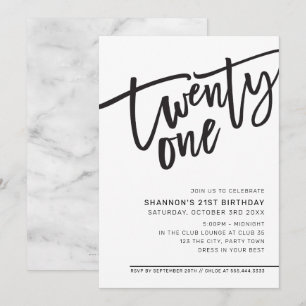 Convite ANIVERSÁRIO DE 21 ANOS MODERNO SCRIPT branco preto