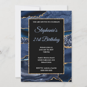 Convite Aniversário de 21 anos Navy Agate Gold Glitter Gla