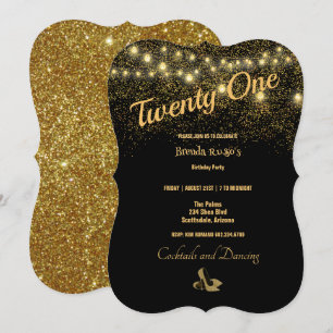 Convite aniversário de 21 anos Party Dourado Glitter Stile