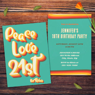 Convite Aniversário de 21 anos Peace Love Retro Groovy Sun