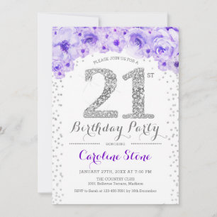 Convite aniversário de 21 anos - Prata branca - Roxo