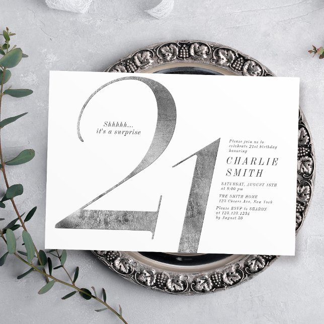 Convite Aniversário de 21 anos prateada moderna minimalist (Modern minimalist faux silver 21st birthday invitation)