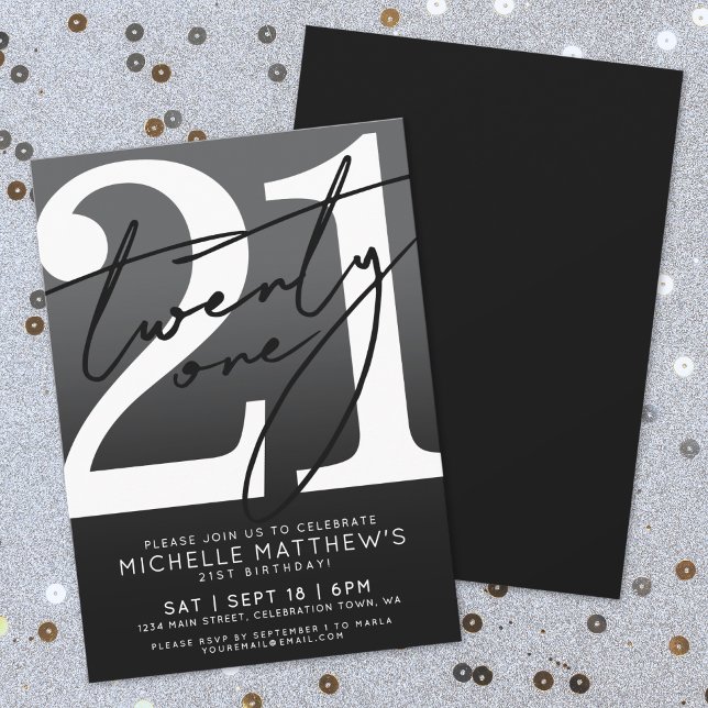 Convite Aniversário de 21 anos preto branco moderno (Black White Modern 21st Birthday Invitation)