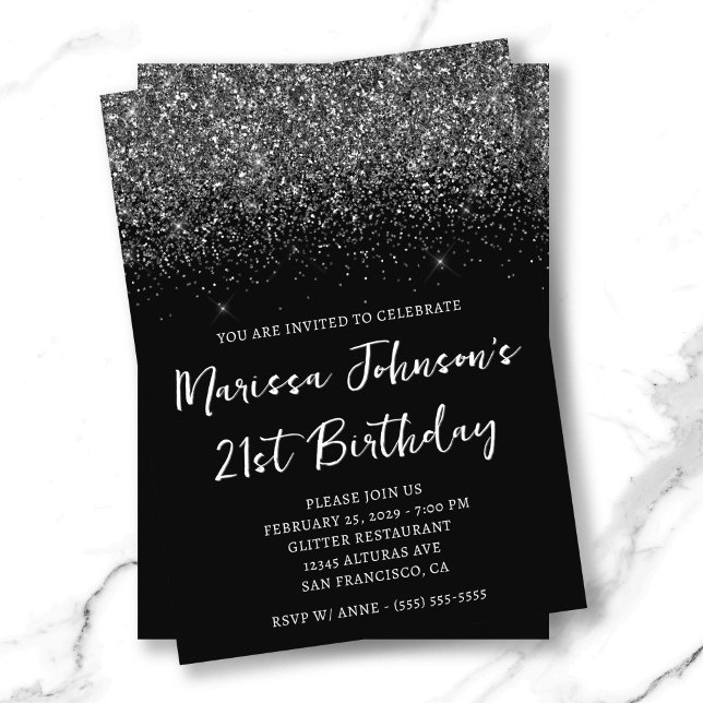 Convite Aniversário de 21 anos preto brilhante (Sparkly Glittery Black 21st Birthday Invitation)
