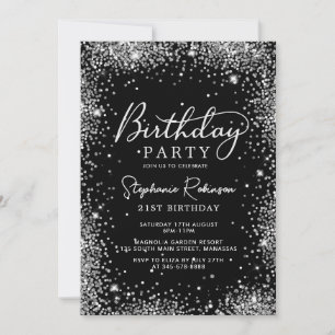 Convite Aniversário de 21 anos Preto com brilho de prata m