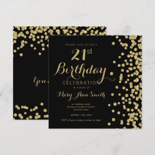 Convite aniversário de 21 anos Preto de Confetti com Falh