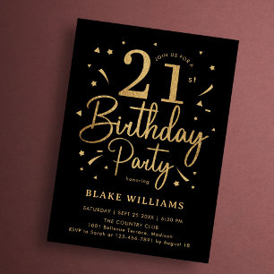 Convite Aniversário de 21 anos Preto Dourado