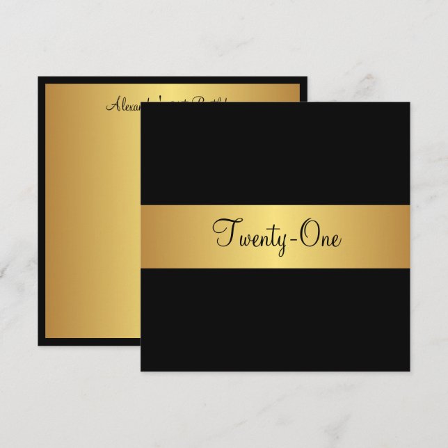 Convite aniversário de 21 anos preto e amarelo Dourado (Frente/Verso)