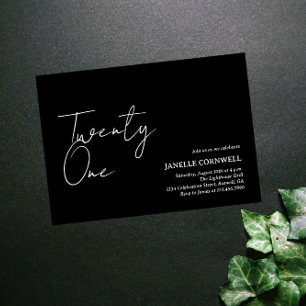 Convite Aniversário de 21 anos preto e branco minimalista