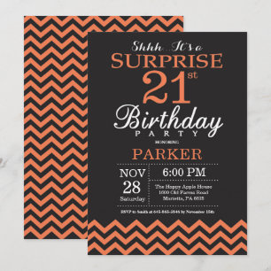 Convite Aniversário de 21 anos preto e coral surpresa