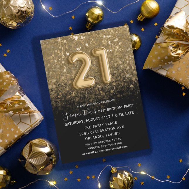 Convite Aniversário de 21 anos preto Elegante e brilho Dou (Criador carregado)