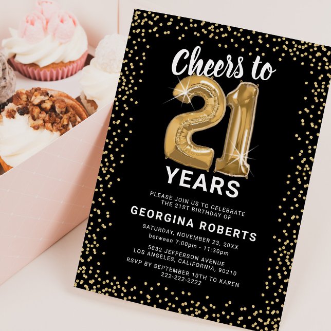 Convite Aniversário de 21 anos preto para adultos Dourado (Criador carregado)