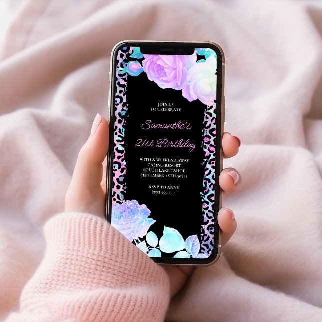 Convite Aniversário de 21 anos preto pintado por leopardo  (Iridescent Leopard Painted Black 21st Birthday Invitation)